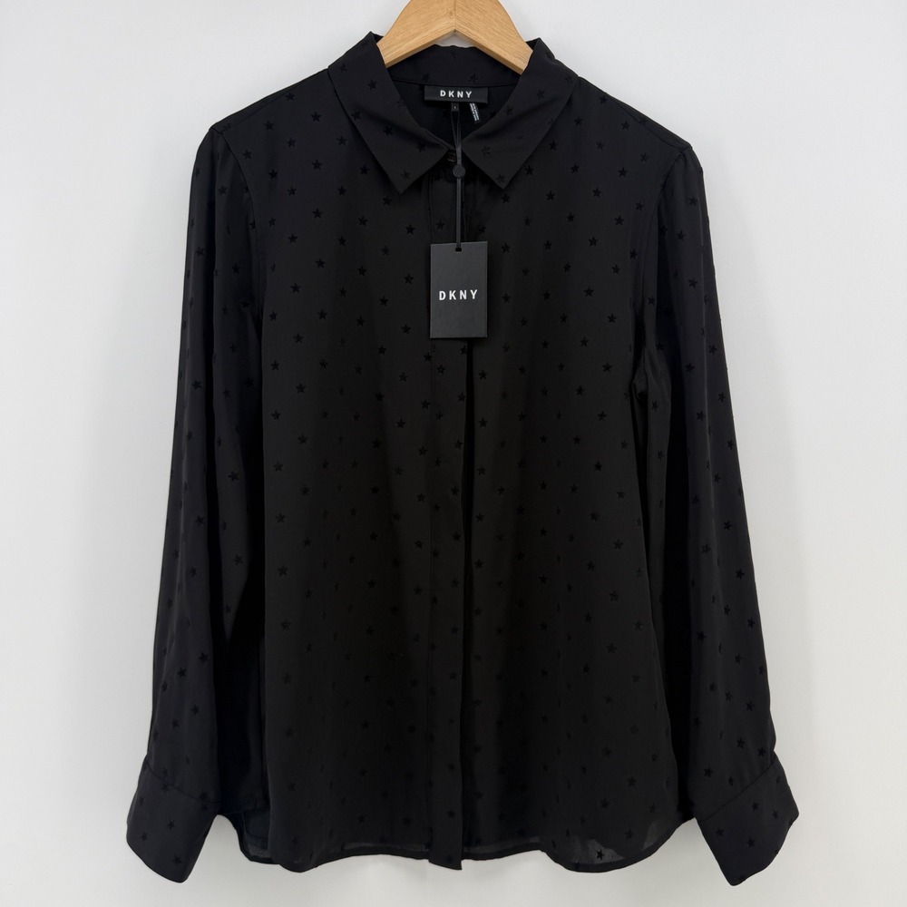 DKNY City Lights Black Star Pattern Button Down Blouse Long Sleeve Large NWT